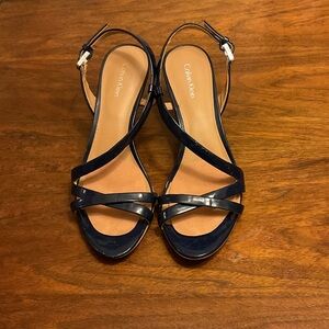 Calvin Klein Women's Dark Blue Strappy Sling Back patent Leather Sandals